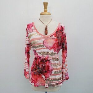 David Cline Womens Long Sleeve Pink & Gold Floral V-Neck Top Blouse Size XL